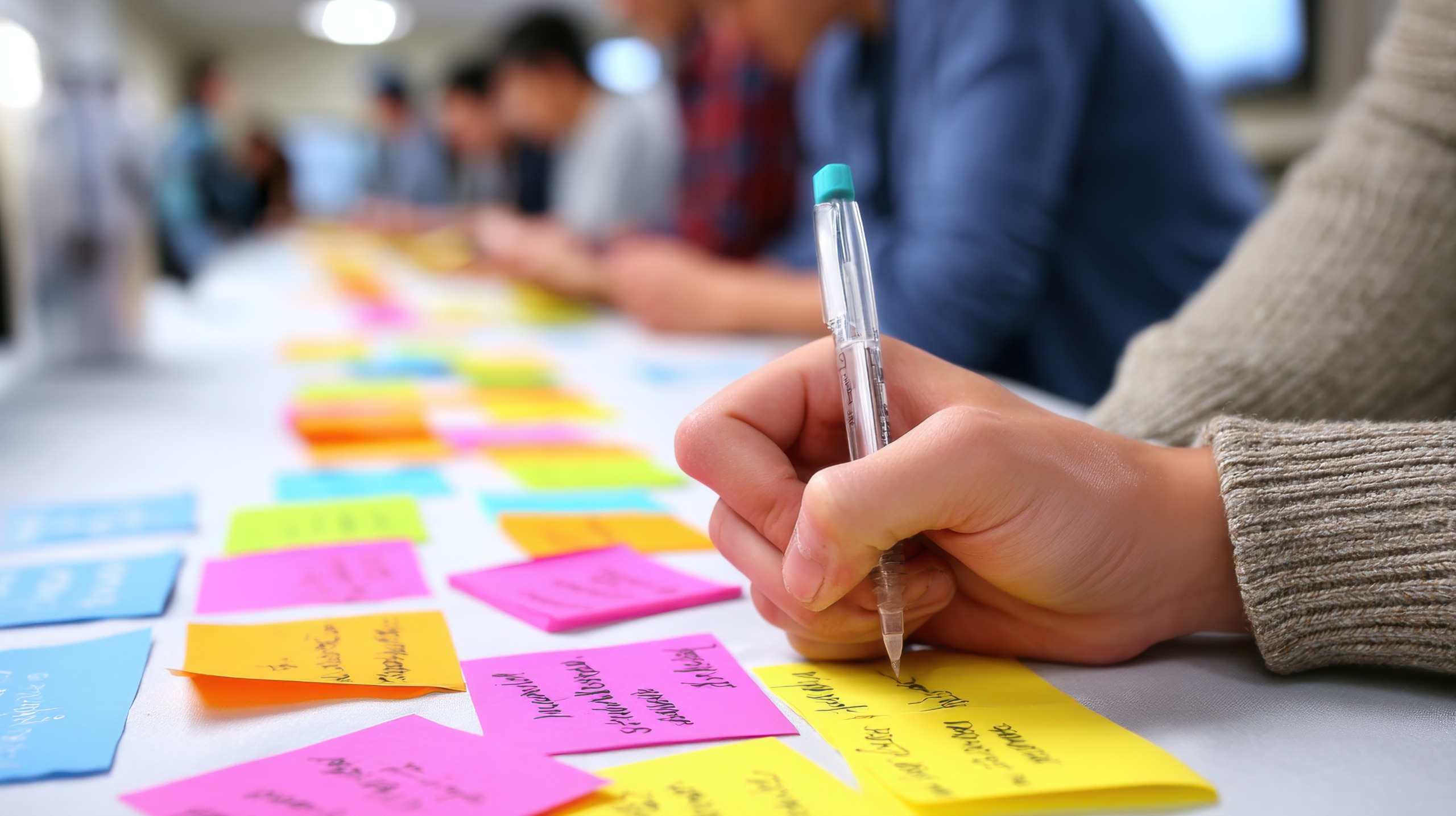 Person writing on post-it notes on table